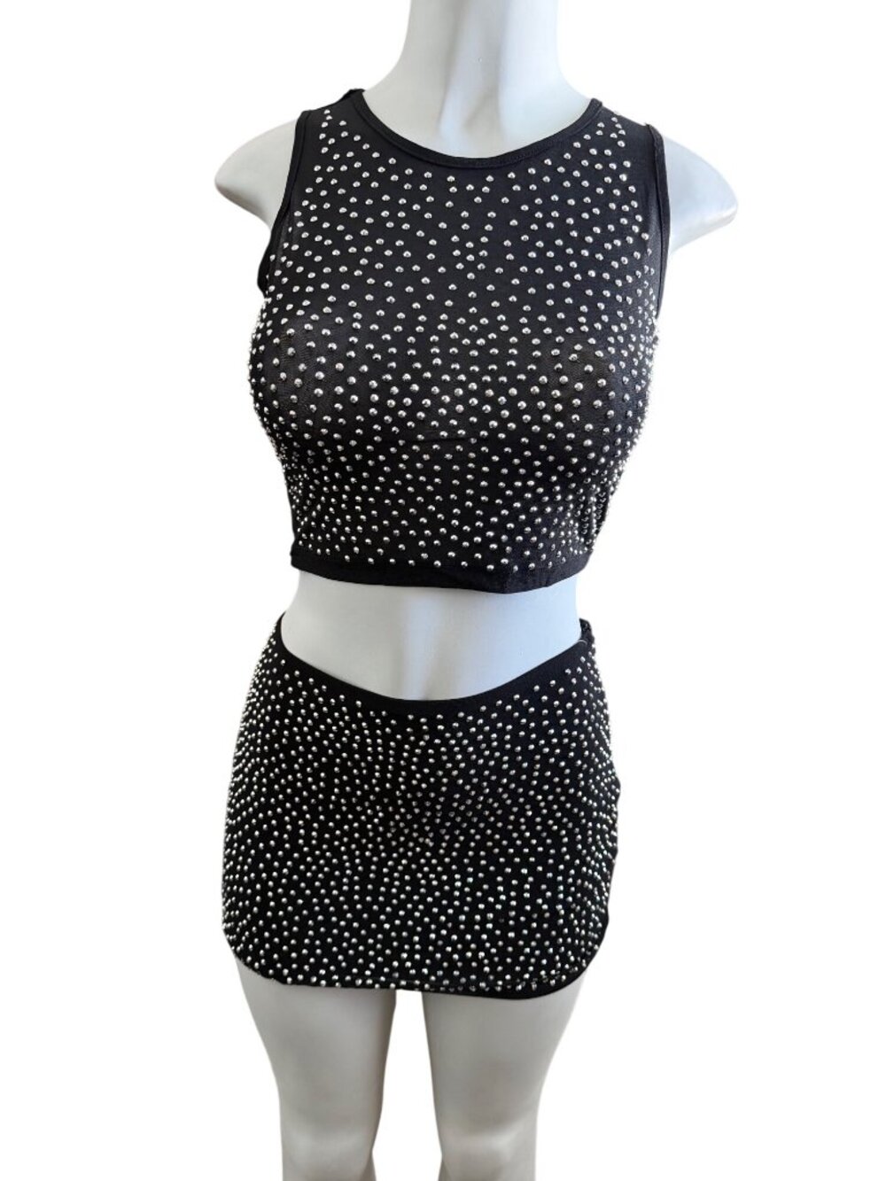 Black Rhinestone Embellished Two-Piece Crop Top & Mini Skirt Set Size S